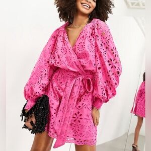 Bright Pink Eyelet Wrap Mini Dress with Tie Waist